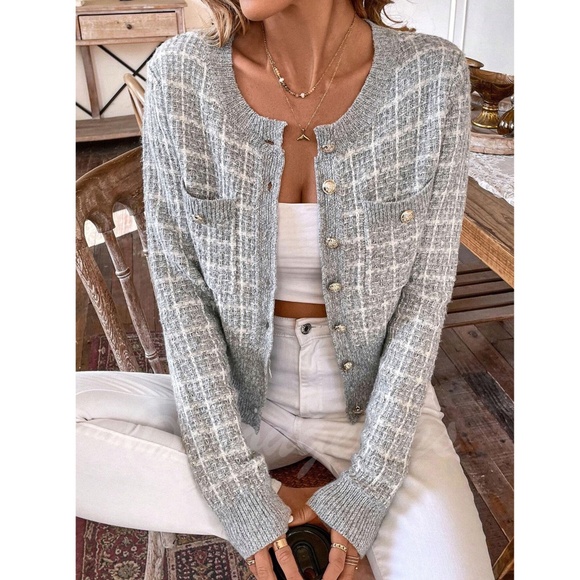 Gray Plaid Button Up Cardigan Knit Long Sleeve Stretchy - Picture 4 of 8